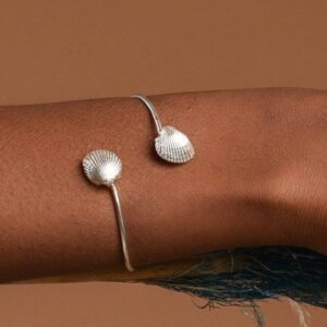 Sterling Silver Seashell Bracelet: Two Clam Charms, Adjustable Cuff